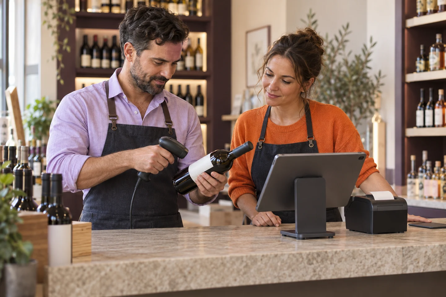A store team using a tablet register and physical barcode scanner in a contemporary wine and spirits shop